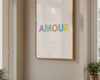 Amour French Love Print, Pastel Colorful Wall Art, Minimalist Romantic Poster, Dopamine Decor, Modern Aesthetic Art, Digital Download