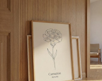 January Birth Flower Print, Carnation Line Art, Minimalist Botanical Poster, Birthday Gift for Her, Boho Nursery Wall Decor, Floral Sketch