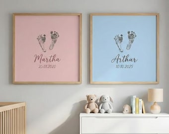 Personalized Baby Footprint Art, Custom Newborn Nursery Decor, Digital Footprint Poster, New Parent Gift,Boy Blue Girl Pink Keepsake