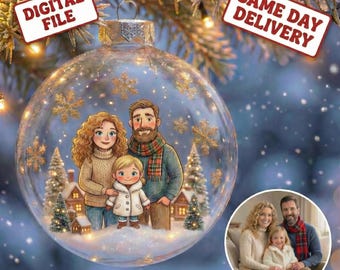 Custom Family Portrait Christmas Ornament Digital, Turn Photo into 3D Cartoon, Personalized Holiday Card, Snow Globe Art, Same Day Gift
