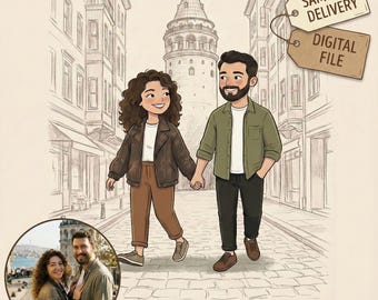 Custom Caricature Couple Portrait, Personalized Anniversary Gift, Sketch Background Illustration Digital Art, Travel Memory Gift