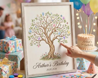 Personalized Birthday Fingerprint Tree Guest Book, Woodland Theme Printable Thumbprint Art, Kids Birthday Party Decor Digital Download