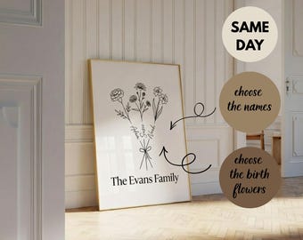 Personalized Birth Flower Bouquet Print, Custom Family Name Sign, Mothers Day Gift for Mom, Grandma Garden Art, Minimal Line Drawing Decor