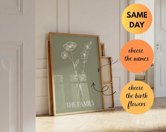 Personalized Birth Flower Family Print, Custom Couple Name Sign, Sage Green Wall Art, Minimalist Line Drawing, Anniversary Gift for Her