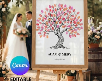Fingerprint Wedding Tree Guest Book Alternative, Canva Editable Thumbprint Guestbook, Unique Wedding Tree Poster, Custom DIY Wedding Sign