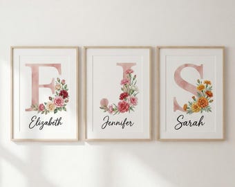 Custom Birth Flower Initial Print, Personalized Watercolor Floral Monogram (Digital Download)