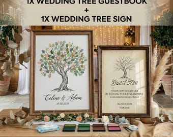 Personalized Wedding Fingerprint Tree Bundle, Guest Book Alternative with Matching Sign, Custom Names & Date Printable, Digital Download