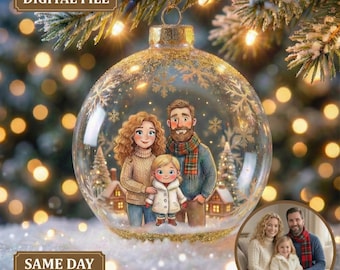 Custom Family Christmas Portrait, Personalized Bauble Christmas Card, Snow Globe Illustration, Digital Holiday Card, Same Day Gift
