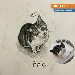 Puede incluir: Un dibujo a lápiz de un gato con un halo y una corona. El gato está representado en tonos grises y blancos, con el nombre "Eric" escrito debajo. Una foto más pequeña del gato está en la esquina inferior derecha. La imagen incluye el texto "ARCHIVO DIGITAL" y "ENTREGA EL MISMO DÍA".