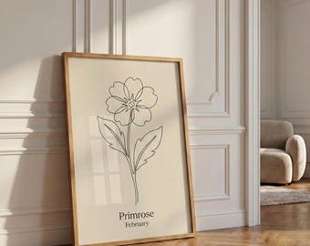 February Birth Flower Print, Primrose Line Art, Minimalist Botanical Poster, Birthday Gift for Her, Boho Nursery Wall Decor, Floral Sketch