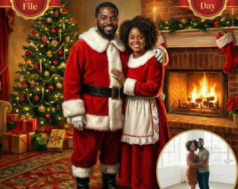 Custom Christmas Couple Portrait, Couple in Red Holiday Suits, Funny Holiday Card Photo, Digital Xmas Transformation, Romantic Gift