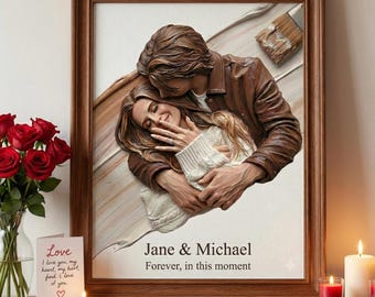 Personalized 3D Effect Couple Portrait, Anniversary Palette Knife Painting, Custom Names Portrait, Personalized Romantic Valentines Day Gift