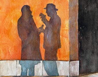Original watercolor painting Shadows of two man,Watercolor painting,shadow painting