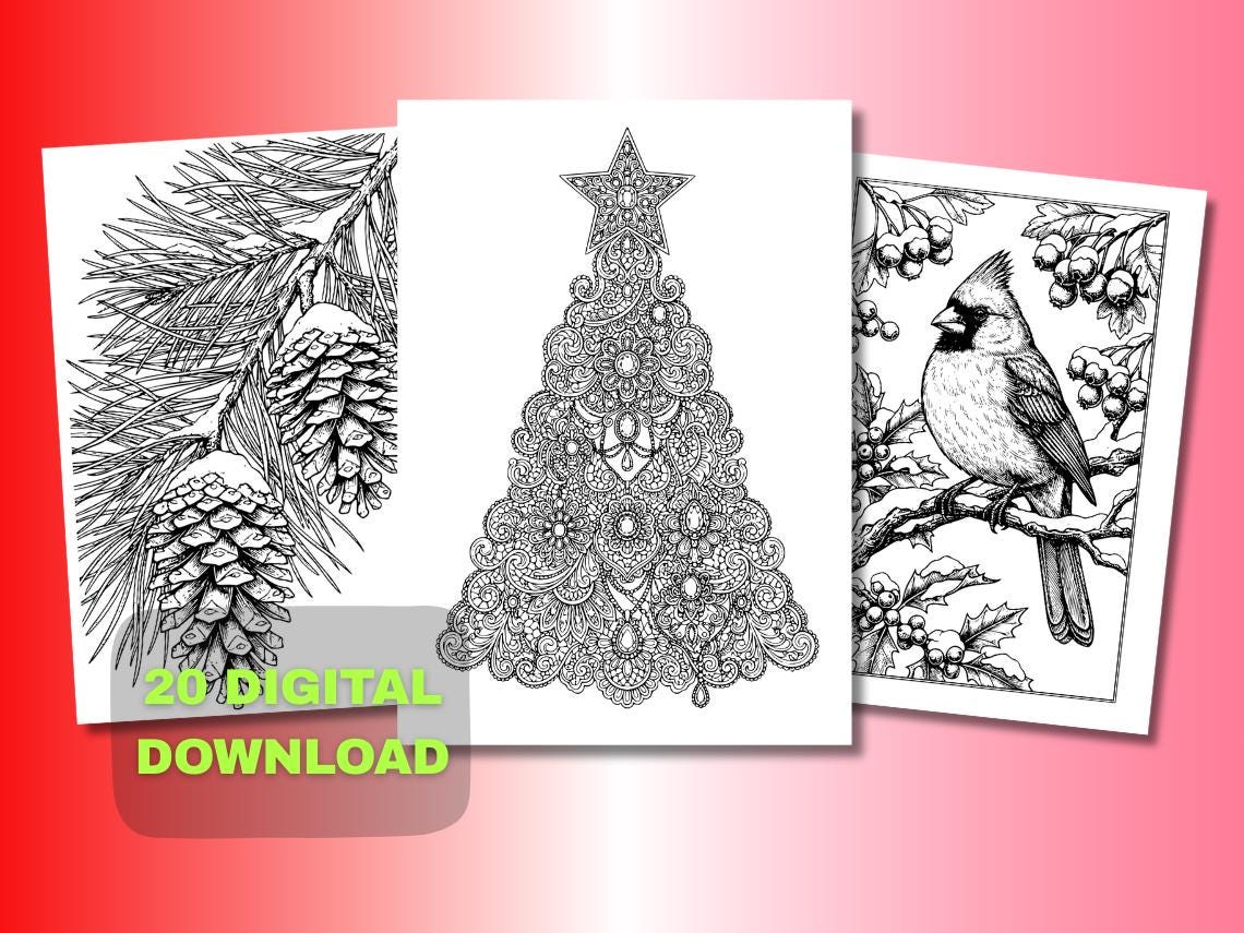 Christmas Coloring Pages for Adults 20 Detailed Holiday Designs ...