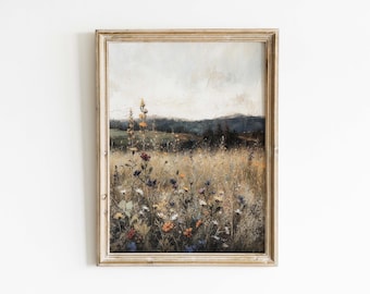 Pintura rústica vintage de flores silvestres, descarga digital, arte de pared de paisaje de campo.