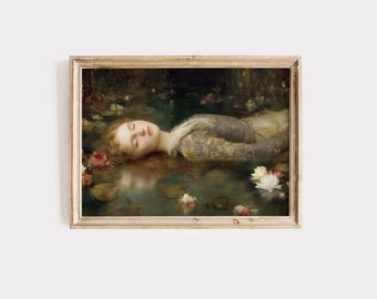 Ophelia Oil Painting, Pre-Raphaelite Woman Portrait Print, Digital Download Victorian Portrait Art.
