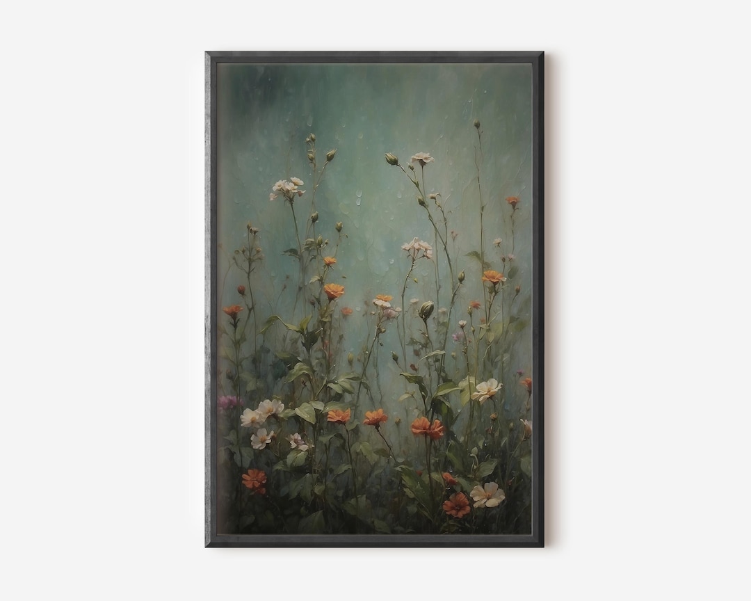 Dark Moody Green Flower Oil Painting, Digital Download Floral Wall Art ...
