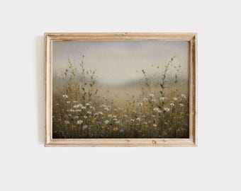 Pintura rústica vintage de flores silvestres, descarga digital, arte de pared de paisaje de campo.