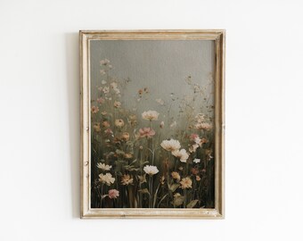 Neutral Green Wildflowers Painting, Digital Download Floral Wall Art.