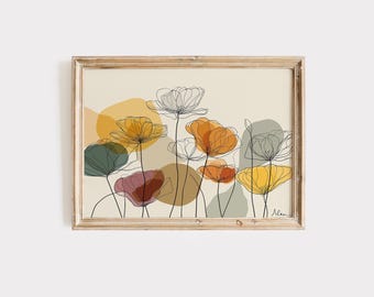 Färgglad modern blomstermålning, digital nedladdning av väggkonst med blommor.