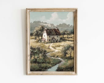 Rustieke boerderij landschap vintage muurkunst, digitale download neutrale landschapsposter.