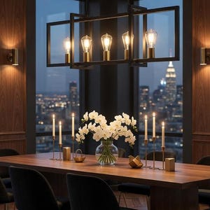 Kitchen Island Light Fixture, Modern 5-Light Pendant Chandelier, Matte Black & Antique Brass Dining Room Ceiling Light, Industrial Lighting