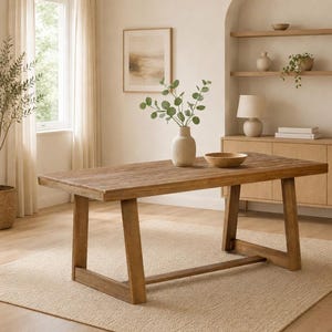 May include: A rectangular wooden dining table with a natural grain finish and angled legs connected by a horizontal support beam. The table surface is clear, featuring a ribbed ceramic vase with green eucalyptus stems and a wooden bowl.