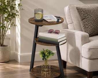 Small Round Side Table, 3 Tier End Table with Storage, Vintage Nightstand with Metal Frame, Accent Table for Living Room Bedroom