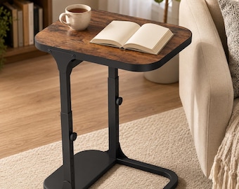 C Shaped End Table, Adjustable Height Sofa Side Table, Rustic Couch Snack Table, Metal Frame Laptop Table for Living Room Bedroom