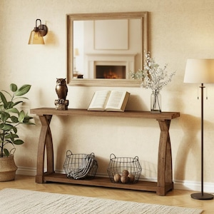Farmhouse Console Table with Storage, 63 Inch Solid Wood Entryway Table, Narrow Sofa Table Behind Couch, Rustic Foyer Hallway Table