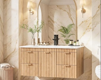 30 Inch Floating Bathroom Vanity, Fluted Oak Vanity with Ceramic Sink, Modern Wall Mounted Bathroom Cabinet with 4 Drawers