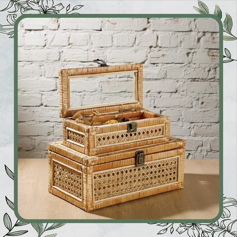 Set of 2 Boho Rattan Decorative Boxes With Glass Lid – Rectangular ...