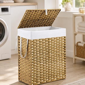 Woven Laundry Basket with Lid, 90L Rattan Clothes Hamper with Removable Washable Liner, Foldable Laundry Bin, Bedroom Bathroom Storage