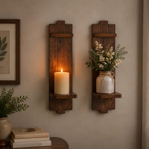 May include: Two vertical dark brown wooden wall sconces with small shelves. One shelf holds a tall, ribbed, cream-colored pillar candle with a lit flame. The other shelf holds a light-colored ceramic vase filled with white flowers and green foliage.