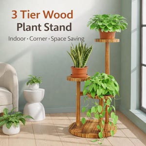 May include: A three-tier wooden plant stand with potted plants. The stand has a round base and two circular shelves. The text on the image reads: "3 Tier Wood Plant Stand Indoor • Corner • Space Saving."