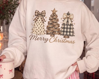 Retro Merry & Bright Christmas Apparel, Merry Christmas Sweatshirt, Christmas Tree Hoodie, Women’s Sweater Holiday Gift,Family Xmas Crewneck