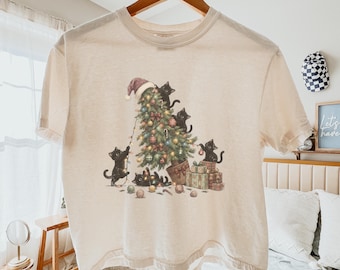 Black Cats Decorating Christmas Tree Shirt, Comfort Colors® Women's Boxy Tee, Cute Cat Lover Shirt, Holiday Gift, Retro Women Xmas T-Shirt