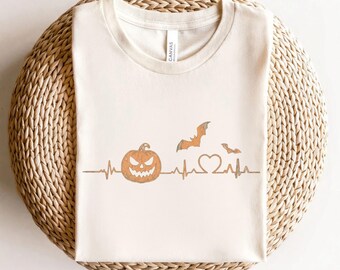 Halloween Pumpkin Shirt Bella Canvas®, Heartbeat Tee, Spooky Season Shirts, Pumpkin Lover Gift, Fall Graphic T-Shirt, Cute Halloween Shirt