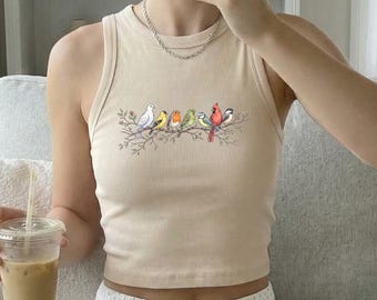 Florida Bird Paradise Crop Top & Baby Tee for Women,Watercolor Birds on a Branch, Nature Aesthetic Animal Lover Gift, Cottagecore Y2K Outfit