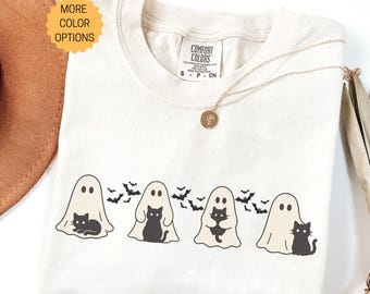 Vintage Halloween Shirts Ghost Sweater Black Cat T-Shirt, Retro Spooky Season Tee, Cute Ghost Cat Graphic, Comfort Colors T-Shirt Sweatshirt