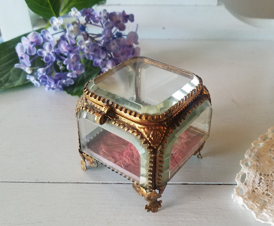 Antique French Jewelry Box Beveled Glass Treasure Box Etsy
