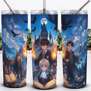 May include: Three cylindrical tumblers with metal straws, featuring a fantasy illustration of young students in robes, a large castle under a full moon, flying birds, open books, and magical glowing elements against a dark blue night sky background.