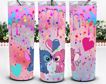 Emballage pour gobelet dessin animé Stitch & Angel, gobelet fin 20 oz design PNG