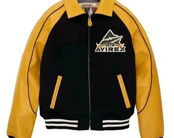 Men’s Avirex Yellow Black Real Leather and wool body Bomber Jacket,1975NY Design