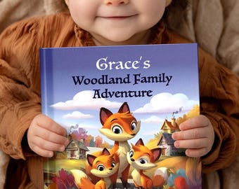 May include: A smiling baby wearing a brown outfit and headband holds a children's book titled "Grace's Woodland Family Adventure." The book cover features illustrations of three foxes in a woodland setting with houses and colorful foliage.