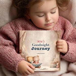 May include: A young child wearing a pink sweater is asleep, holding a book titled "Mia's Goodnight Journey." The book cover features illustrations of teddy bears and a soft, dreamy background. The child is lying on a soft, pink blanket.