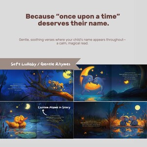 May include: A children's book with illustrations of koalas, dolphins, ducks, and elephants under a moonlit sky. The text reads "Because 'once upon a time' deserves their name." and "Soft Lullaby / Gentle Rhymes."