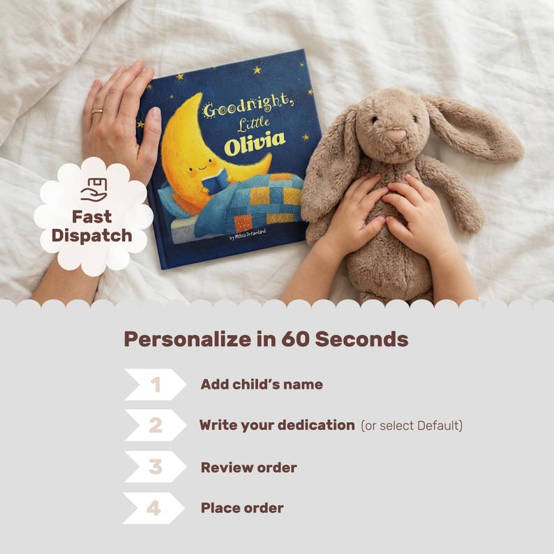 May include: A children's book titled "Goodnight, Little Olivia" with a smiling moon illustration, next to a plush bunny. The book is on a white surface. The image also includes text that says "Personalize in 60 Seconds".