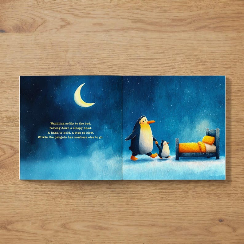 May include: A children's book illustration depicts a nighttime scene with a crescent moon and stars. Two penguins walk towards a bed with yellow bedding. The text reads, "Waddling softly to the bed, resting down a sleepy head. A hand to hold, a step so slow, Olivia the penguin has nowhere else to go."