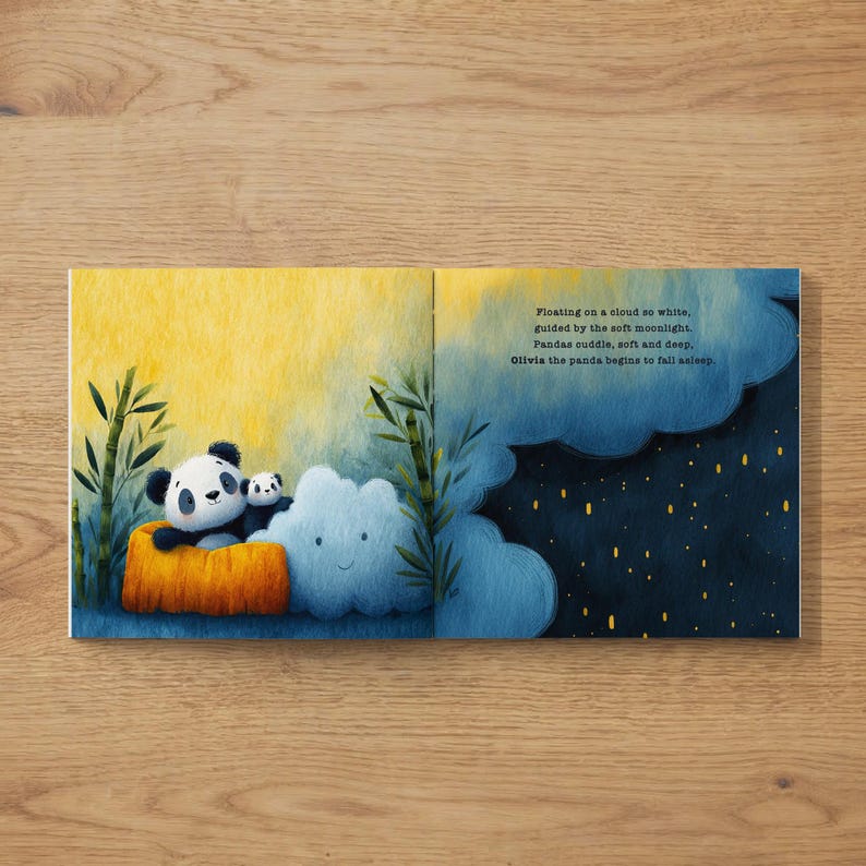 May include: A children's book illustration featuring two pandas nestled in a cozy orange bed. A fluffy cloud and bamboo stalks frame the scene, set against a yellow and blue backdrop. Text reads: "Floating on a cloud so white...Olivia the panda begins to fall asleep."